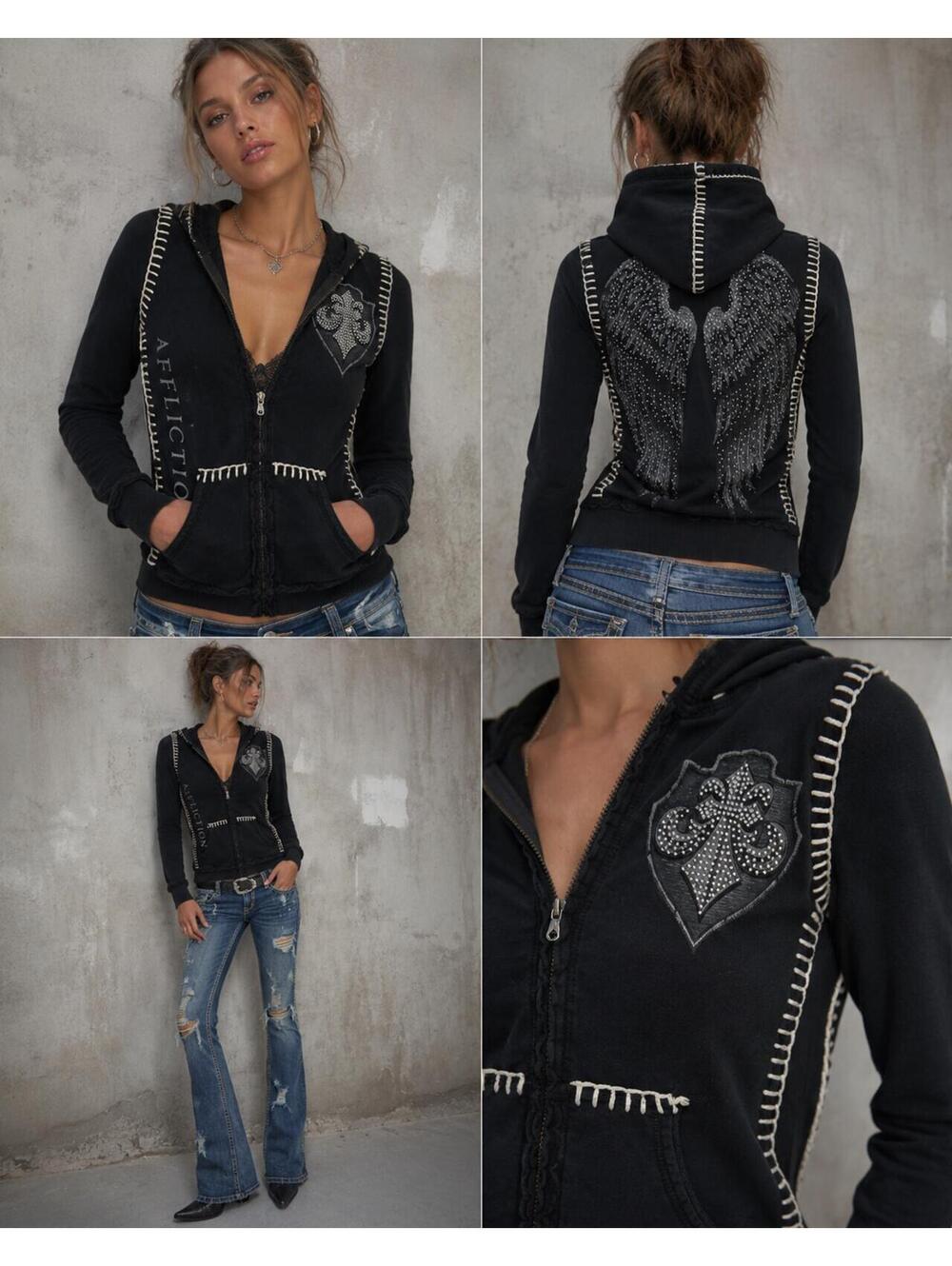 SOLD Affliction Y2K Angel Wings Rhinestone Zip Hoodie Black Medium